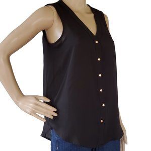 Maurice's Blouse Top Women's M Black Sleeveless Semi Sheer V Neck Brass Button